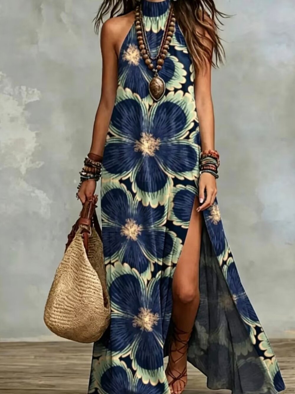 Women's Elegant Navy Blue Floral Print Stand-Collar Dress with Thigh Slit